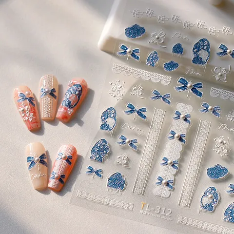 5D Embossed Nail Art Stickers Denim Blue Bowknot Artificial Pearl White Lace Flower 3D Relief Self Adhesive Decals DIY Manicure Decor