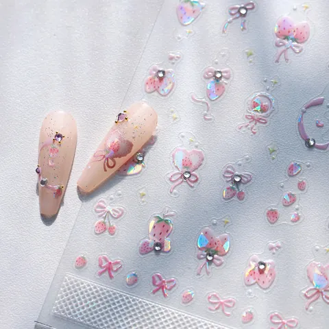3D Reliëf Nagelkunst Stickers Aardbei Strik Hart Ontwerp Strass Zelfklevende Manicure Decals Voor Vrouwen DIY Decoratie