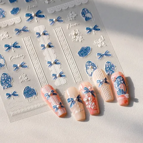5D Embossed Nail Art Stickers Denim Blue Bowknot Artificial Pearl White Lace Flower 3D Relief Self Adhesive Decals DIY Manicure Decor