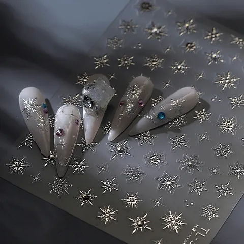 Snowflake Nail Art Stickers Winter 3D Relief Metallic Silver Starburst Self Adhesive Nail Decals For Christmas Women Decoration