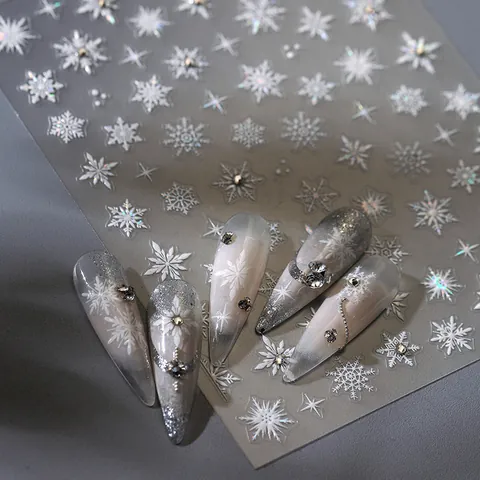 Snowflake Nail Art Stickers Winter 3D Relief Metallic Silver Starburst Self Adhesive Nail Decals For Christmas Women Decoration