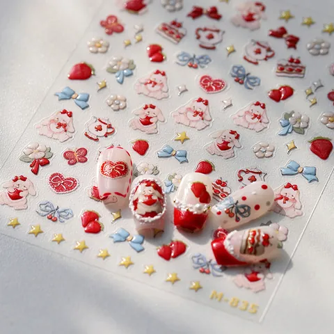 Autocollants Pour Ongles 3D Gaufrés Design Lapin Fraise Tea Party Multicolore Auto-Adhésifs DIY Décoration Femmes