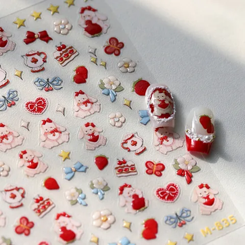 Autocollants Pour Ongles 3D Gaufrés Design Lapin Fraise Tea Party Multicolore Auto-Adhésifs DIY Décoration Femmes