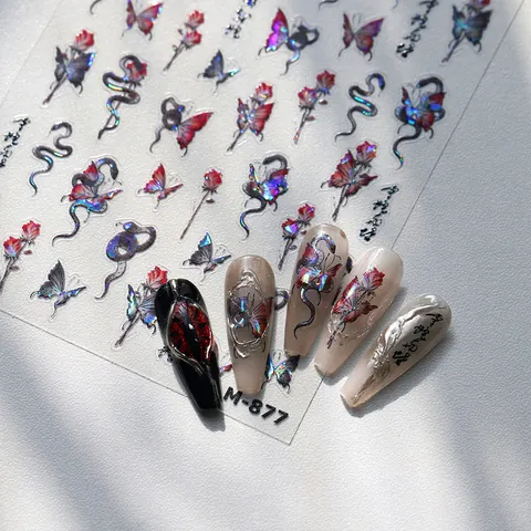 Laser Holografisch Nagelaufkleber Schmetterling Rose Schlange Muster Selbstklebende Kalligraphie Abziehbilder Für Damen Maniküre DIY Deko
