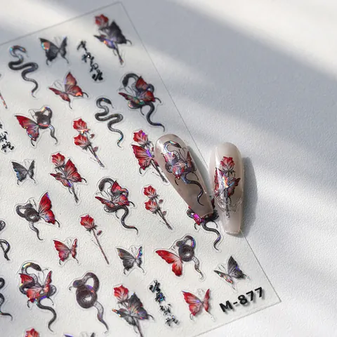 Laser Holografisch Nagelaufkleber Schmetterling Rose Schlange Muster Selbstklebende Kalligraphie Abziehbilder Für Damen Maniküre DIY Deko