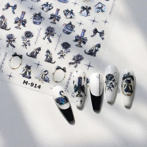 Gothic 3D Relief Nail Stickers For Women Rose Black Cat Swan Bow Pattern Glitter Adhesive Manicure Decals DIY Nail Art Decor