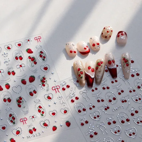 3D Relief Nagelaufkleber Silberprägung Kirsche Erdbeere Schleife Design Selbstklebende Nagelbilder Für Damen Maniküre Dekor DIY