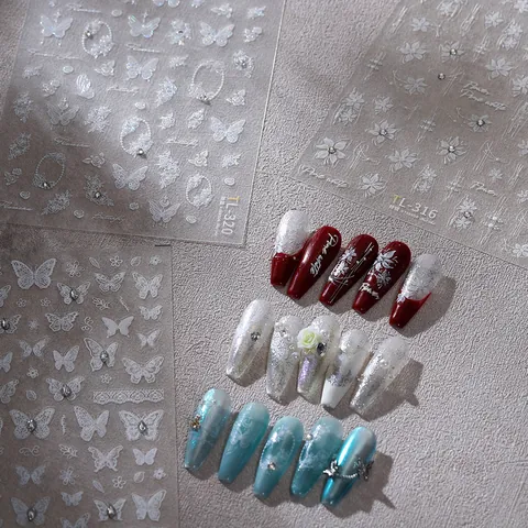 Autocollants de Nail Art Blanc Relief 3D Papillon Fleur Dentelle Gaufré Décalcomanies de Ongles Auto-adhésives pour Mariage DIY Manucure