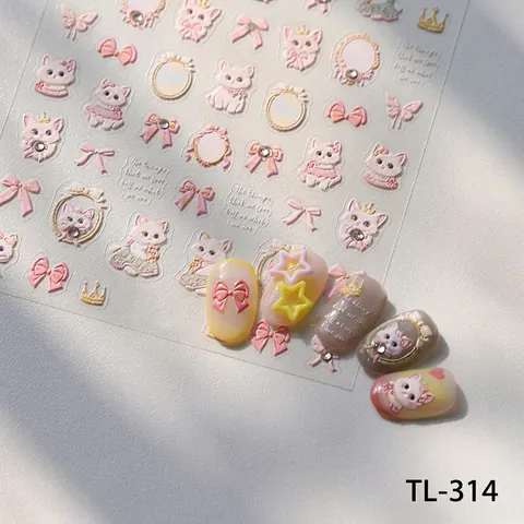 Relief Cartoon Katze Nagelkunst Aufkleber Mit Schleife Krone Ovaler Rahmen Strass Dekoration Selbstklebende Maniküre Decals Damen