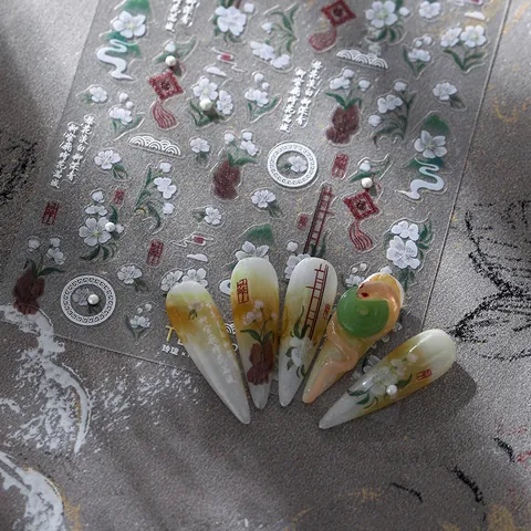 Embossed New Chinese Style Nail Art Stickers Pear Blossoms Chinese Knot Calligraphy Artificial Pearls Adhesive DIY Manicure Decals For Women Decoration