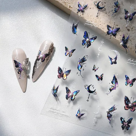 Holografische Relief Schmetterling Nagelaufkleber Mit Imitierten Künstliche Perlen Laser Aurora Stern Mond Nagelkunst Aufkleber Für Damen