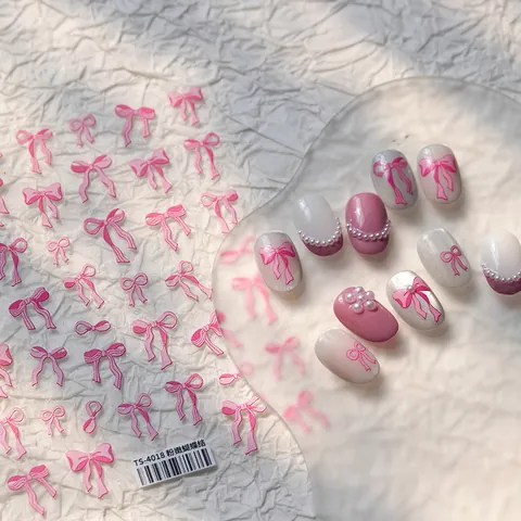 5D Embossed Pink Bow Nail Stickers 3D Relief Bowknot Decals French Style Ultra Thin Matte Nail Art Decoration For Women