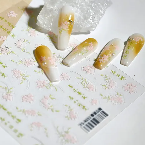 Adesivi per Unghie 3D Fiore di Ciliegio Rosa Foglia Verde Design con Calligrafia Cinese per Decorazione Manicure Donna DIY