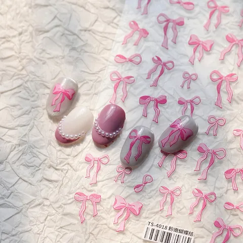 5D Embossed Pink Bow Nail Stickers 3D Relief Bowknot Decals French Style Ultra Thin Matte Nail Art Decoration For Women