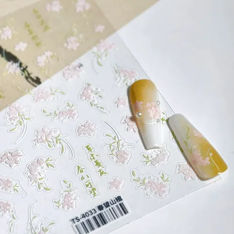 Adesivi per Unghie 3D Fiore di Ciliegio Rosa Foglia Verde Design con Calligrafia Cinese per Decorazione Manicure Donna DIY