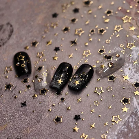 Adesivi per Nail Art a Stella Oro Nero 3D Design Cielo Stellato Metallico Decalcomanie Autoadesive per Manicure Fai da Te Donna