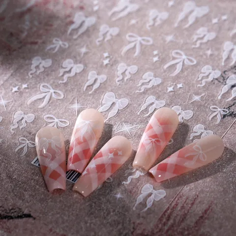 5D Relief 3D Nagelaufkleber Weiß Gaze Schleife Sterne Muster Selbstklebend Dünn Transparent Maniküre DIY Dekoration