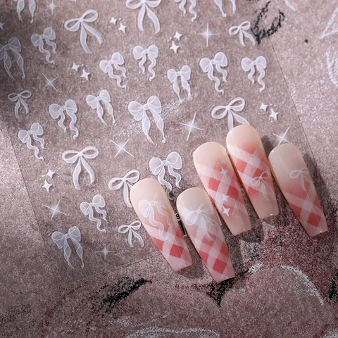 5D Relief 3D Nagelaufkleber Weiß Gaze Schleife Sterne Muster Selbstklebend Dünn Transparent Maniküre DIY Dekoration