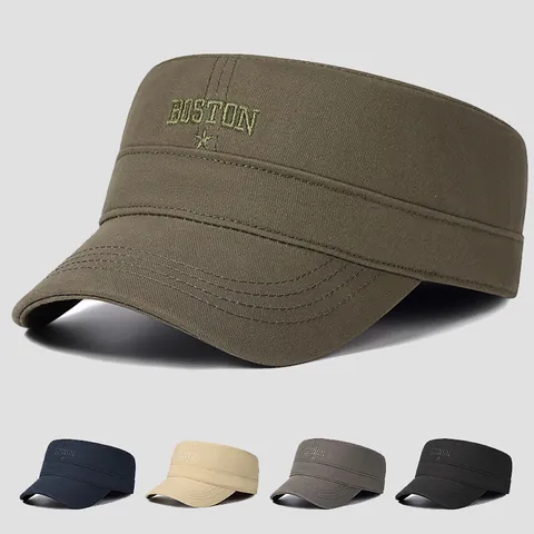 Gorra Plana de Algodón Bordado Boston para Hombre Protección Solar al Aire Libre Estilo Militar Ajustable Gorra de Cadete Vintage