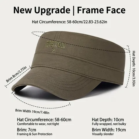 Gorra Plana de Algodón Bordado Boston para Hombre Protección Solar al Aire Libre Estilo Militar Ajustable Gorra de Cadete Vintage
