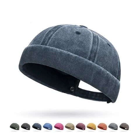 Vintage Washed Cotton Brimless Docker Hat For Men Women Adjustable Retro Hip Hop Streetwear Miki Hat Solid Color Sailor Cap