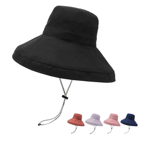 Women Wide Brim Sun Protection Bucket Hat Cotton Canvas Foldable Beach Sun Hat With Adjustable Windproof Rope For Summer Outdoor