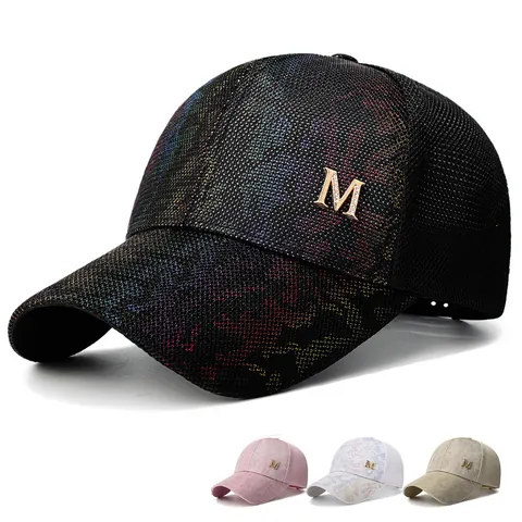 Gorra de Béisbol de Malla de Verano de Moda Sombrero de Sol de Arco Iris Iridiscente Ajustable Logotipo de Metal M Estrás Snapback
