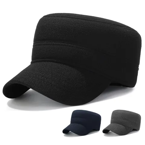 Herren Wollstoff Cadet-Mütze Mit Fleece-Gefüttert Integrierten Ohrenschützern Winter Warm Flacher Kopf Cap Outdoor Militär-Hut