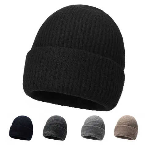 Winter Warm Knitted Beanie Hat For Men Women Solid Color Ribbed Cuff Skull Cap Cold Weather Outdoor Thermal Headwear