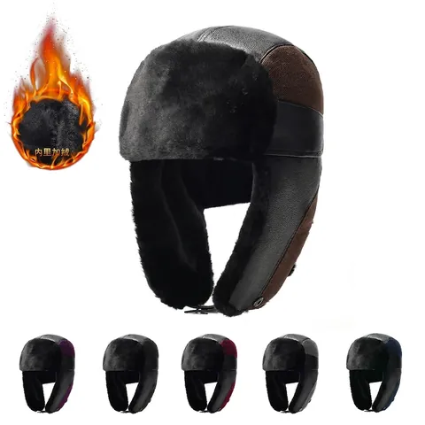 Colbacco Invernale in Pelle PU Foderato in Pelliccia Sintetica Ushanka Protezione Orecchie Antivento Bomber Hat Donna Uomo