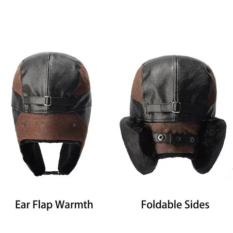 Colbacco Invernale in Pelle PU Foderato in Pelliccia Sintetica Ushanka Protezione Orecchie Antivento Bomber Hat Donna Uomo