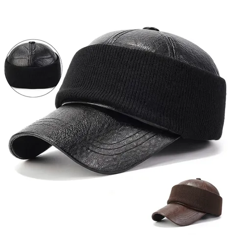 Herren Winter PU Leder Baseballkappe Warmes Vliesfutter Gehörschutz Outdoor Winddicht Geschlossene Rückseite Schirmmütze