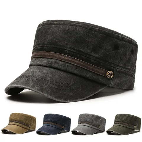 Men Washed Cotton Cadet Cap Retro Flat Top Military Hat Outdoor Sun Protection Adjustable Workwear Style Fishing Hat