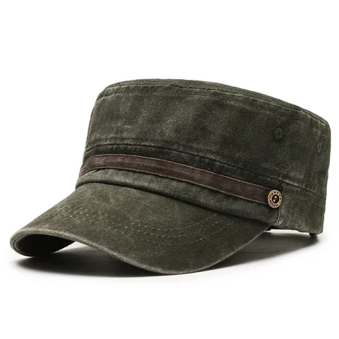 Men Washed Cotton Cadet Cap Retro Flat Top Military Hat Outdoor Sun Protection Adjustable Workwear Style Fishing Hat
