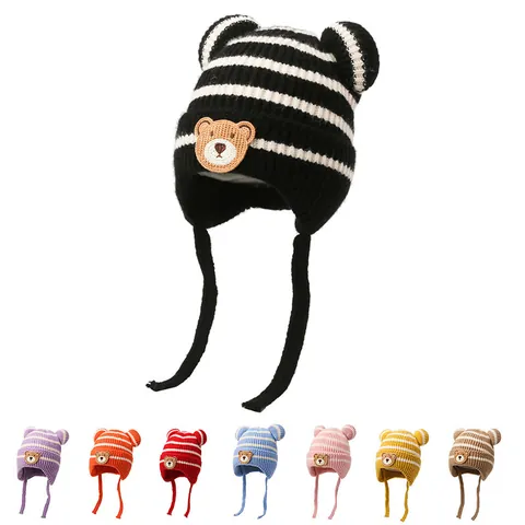 Baby Striped Knitted Hat Winter Warm Woolen Cap With Bear Ears Earflaps Pullover Hat For Infant Boys Girls Kids Beanie