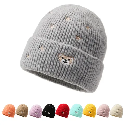 Kids Knit Beanie Hat Cartoon Bear Star Embroidery Warm Winter Autumn Cap For Boys Girls Solid Color Outdoor Headwear