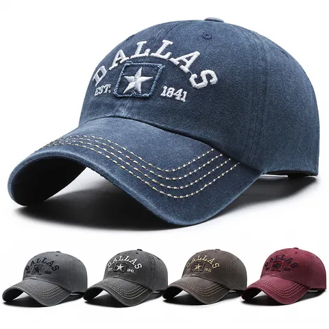 Casquette de Baseball en Denim Lavé Rétro DALLAS EST 1841 Brodé Étoile Distressed Réglable Chapeau de Soleil en Coton Homme Femme