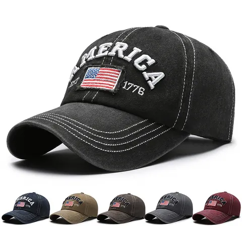 Berretto da Baseball in Cotone Lavato Vintage Bandiera America 1776 Ricamo Invecchiato Cappello Regolabile Protezione Solare Uomo Donna