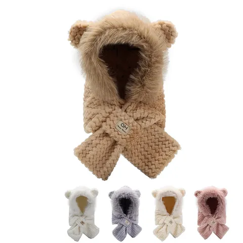Kids Winter Thickened Warm Integrated Hooded Scarf Hat With Cute Bear Ears Plush Faux Fur Trim Knitted Cap For Boys Girls