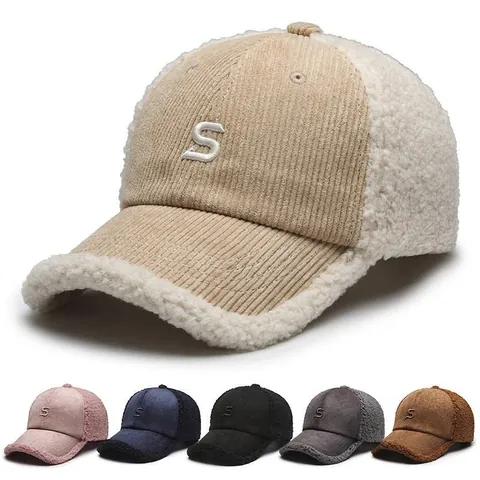 Unisex Winter Warm Baseball Cap Suede Patchwork Sherpa Fleece S Letter Embroidery Adjustable Windproof Outdoor Hat