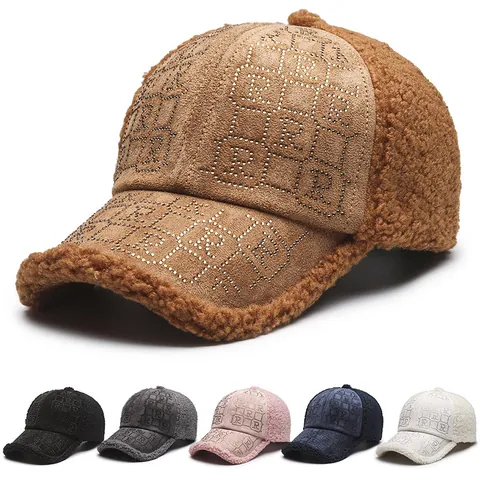 Women Fashion Sherpa Fleece Suede Patchwork Baseball Cap Rhinestone R Letter Autumn Winter Warm Outdoor Adjustable Hat