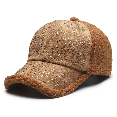 Women Fashion Sherpa Fleece Suede Patchwork Baseball Cap Rhinestone R Letter Autumn Winter Warm Outdoor Adjustable Hat