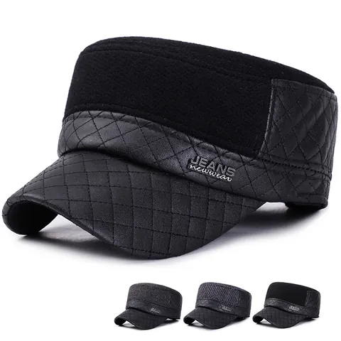 Herren Winter Warm Flat-Top-Hut Militär-Stil PU-Leder Spleißen Wollen Kadettenkappe Mit Ohrenklappen Gestepptes Design Outdoor Lässiger Hut