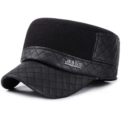 Herren Winter Warm Flat-Top-Hut Militär-Stil PU-Leder Spleißen Wollen Kadettenkappe Mit Ohrenklappen Gestepptes Design Outdoor Lässiger Hut
