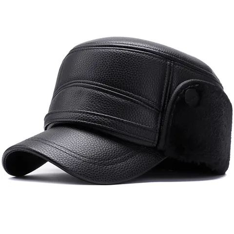 Herren Kunstleder Wintermütze Mit Ohrenklappen Warmes Fleecefutter Flat Top Kappe Winddicht Wasserdicht Draußen Hut Für Senioren