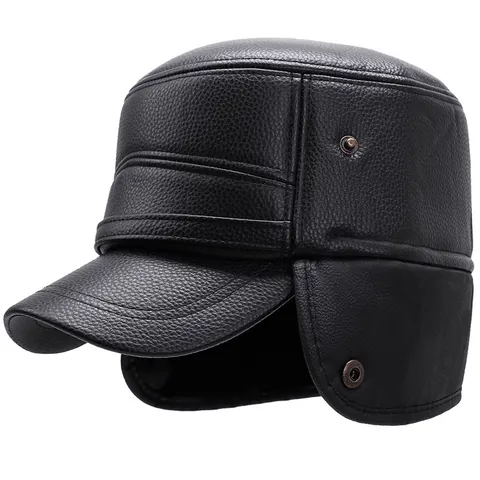 Herren Kunstleder Wintermütze Mit Ohrenklappen Warmes Fleecefutter Flat Top Kappe Winddicht Wasserdicht Draußen Hut Für Senioren