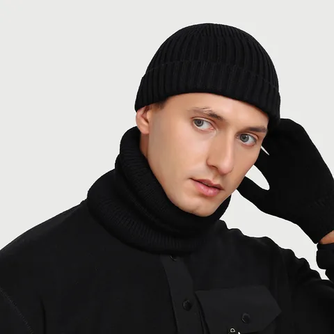 Herren Winter Warm Strickmütze Und Halswärmer Und Handschuhe Rippenstrick Einfarbig Minimalistisches Outdoor Zubehör