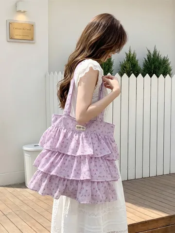 Women Ruffle Tiered Shoulder Bag Polyester Pleated Floral Print Sweet Fashion Tote Casual Handbag