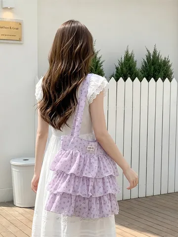 Women Ruffle Tiered Shoulder Bag Polyester Pleated Floral Print Sweet Fashion Tote Casual Handbag
