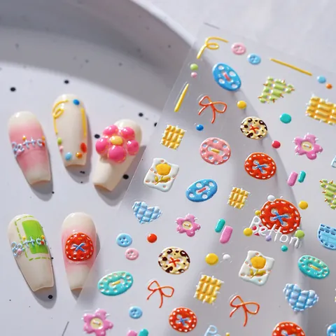 5D Relief Nagelkunst Aufkleber Süß Bunt Knopf Graffiti 3D Geprägte Abziehbilder Für DIY Maniküre Damen Mädchen Nagel Dekoration